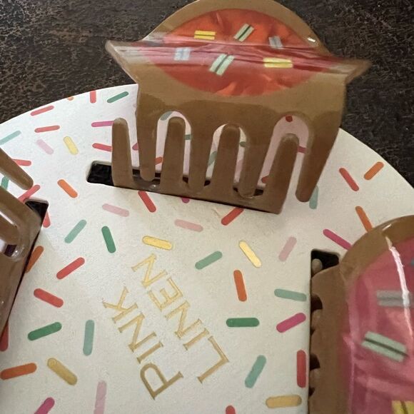 Pink Linen Sprinkled Donut Hair Clips 4 Pack - Picture 3 of 6